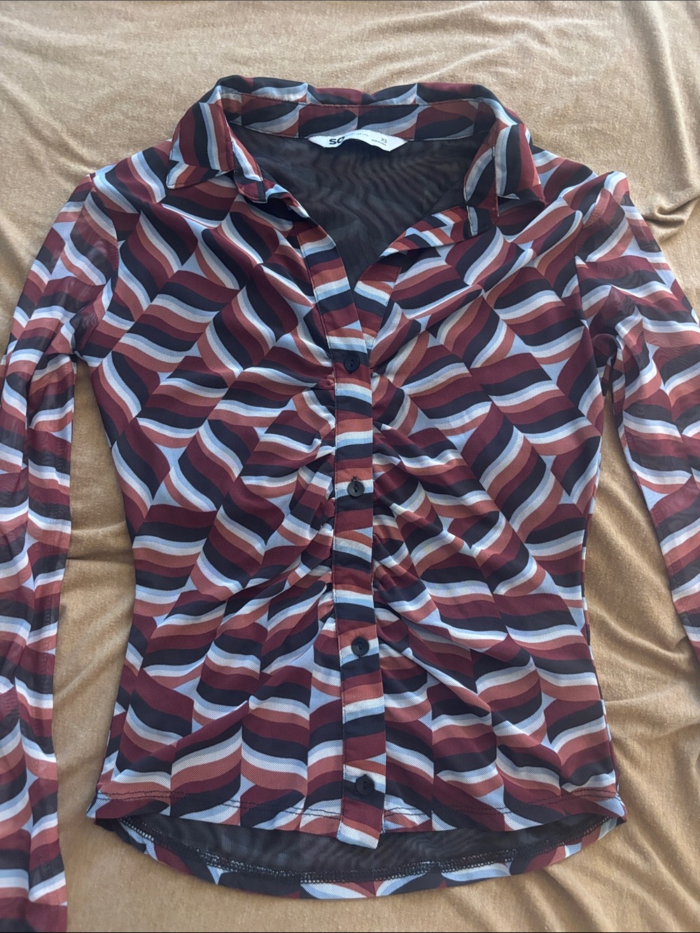 SO Burgundy, White & Navy Wave-Print Button Down Shirt